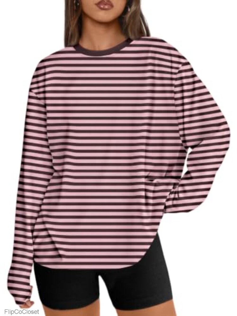 Oversized Long Sleeve Striped Tee Crew Neck Fall Basic Top